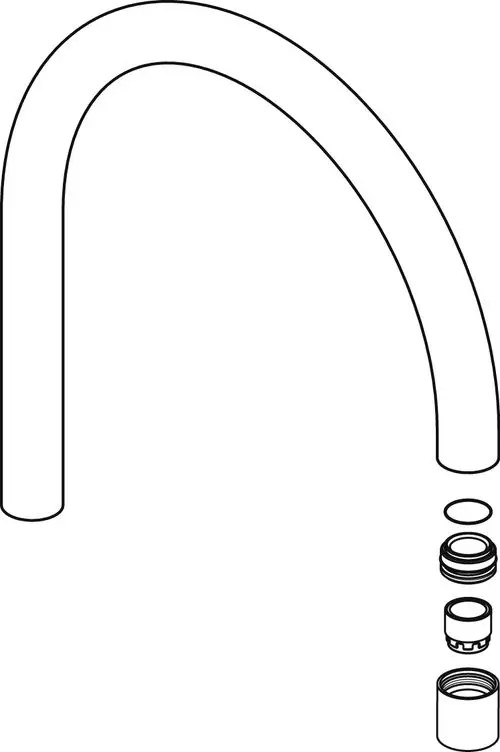 Rohrauslauf mit gebogenem Design und Montagezubehör. Teile sind zur Installation bereit und stammen von Ideal Standard.